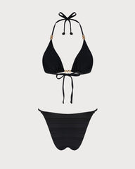 Siyah Boyundan Bağlamalı Dokulu Üçgen Bikini Takımı