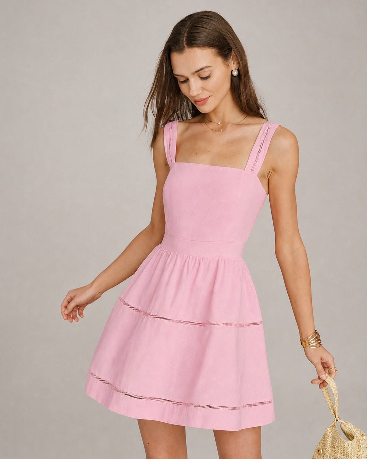 Pembe Kare Yaka Gipeli Mini Elbise