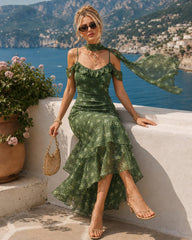 Yeşil V Yaka Fırfır Detaylı Çiçek Desenli Maxi Elbise