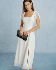 Bej Kare Yaka Yırtmaçlı Şifon Maxi Elbise