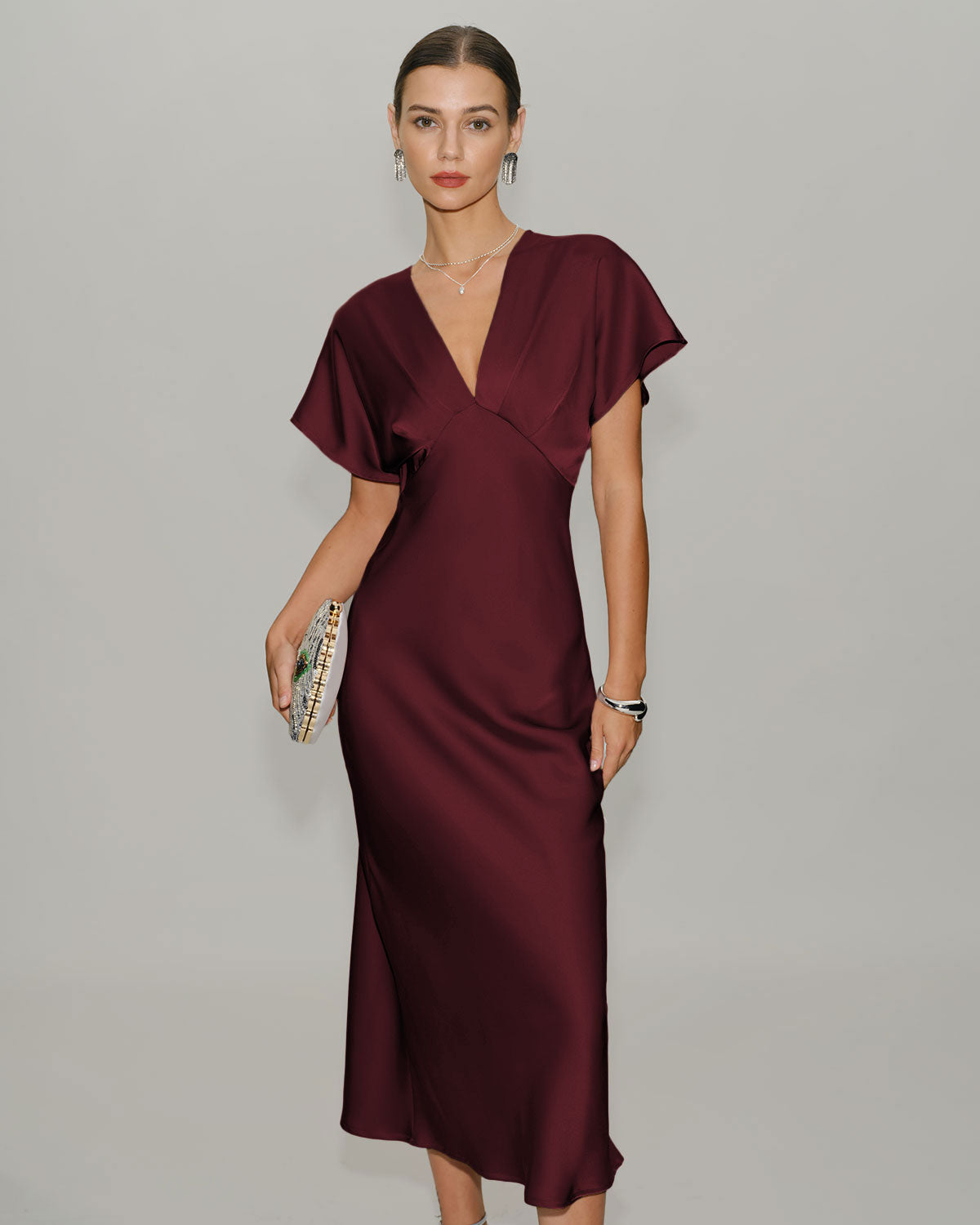 Şarap Kırmızısı Saten Cowl Sleeve Midi Elbise