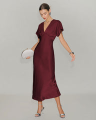 Şarap Kırmızısı Saten Cowl Sleeve Midi Elbise