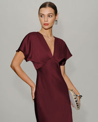 Şarap Kırmızısı Saten Cowl Sleeve Midi Elbise
