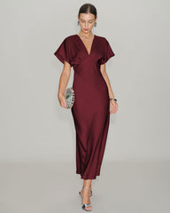 Şarap Kırmızısı Saten Cowl Sleeve Midi Elbise