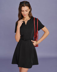 Siyah Belt Büzgülü Mini Elbise
