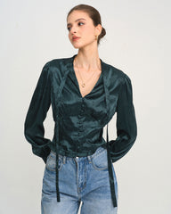 Yeşil Jakarlı Bağlamalı Neck Bluz