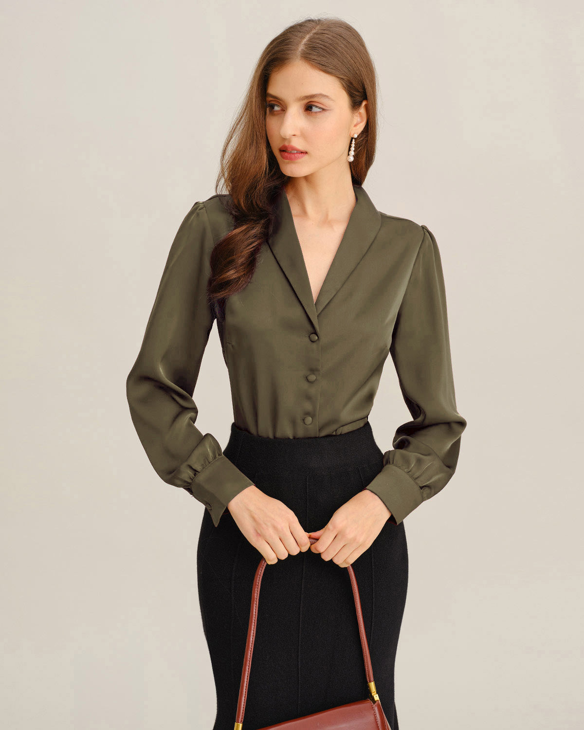 Yeşil Saten V-Neck Ofis Gömlek