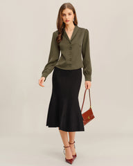 Yeşil Saten V-Neck Ofis Gömlek