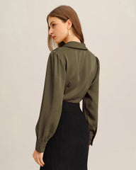 Yeşil Saten V-Neck Ofis Gömlek