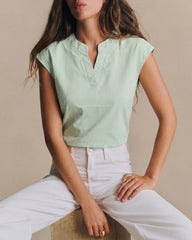 Yeşil V Yaka Düşük Shoulder Çizgili Tişört