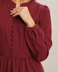 Kırmızı Fransız Sleeve Kesim Midi Elbise