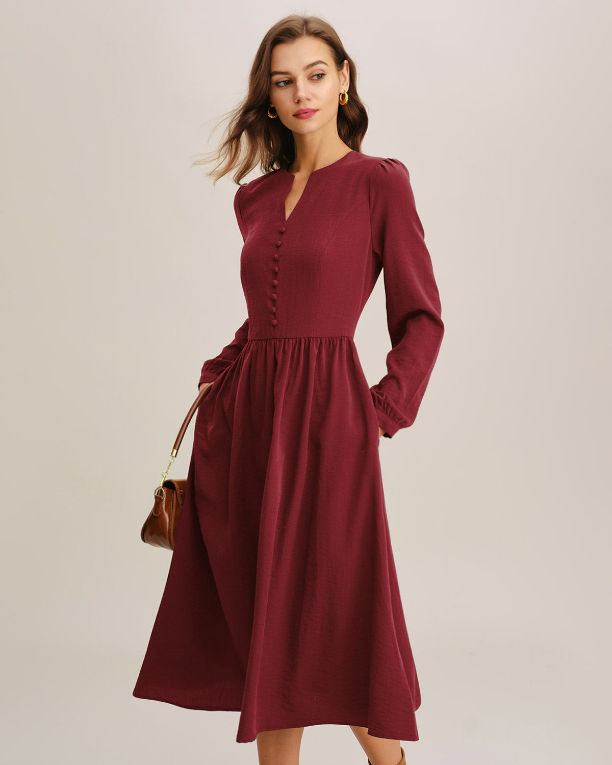 Kırmızı Fransız Sleeve Kesim Midi Elbise
